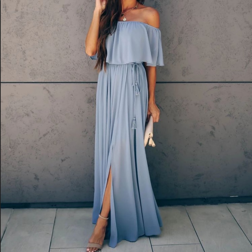 Beautiful VICI Hoizer Off the Shoulder Slate Blue Maxi Dress Size Small